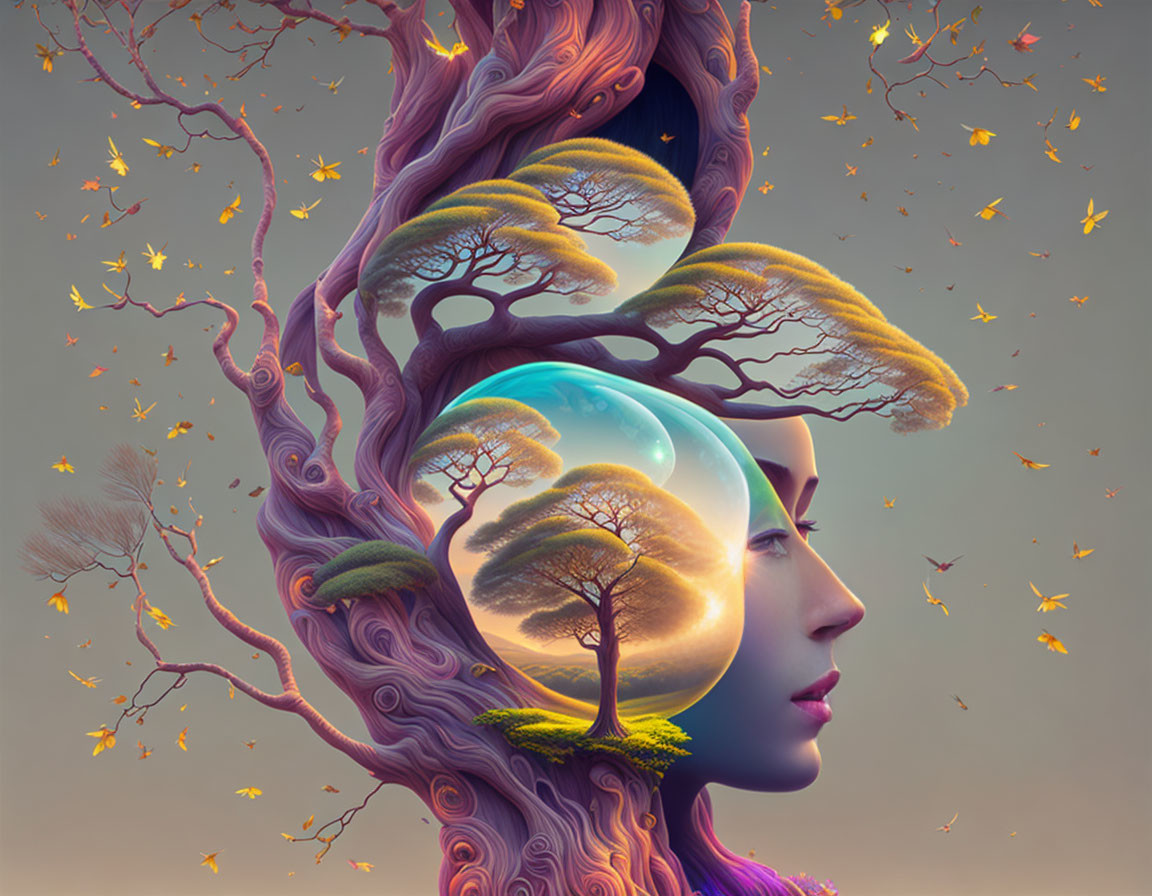 Surreal woman's profile with transparent sphere revealing tree, colorful tree, falling leaves