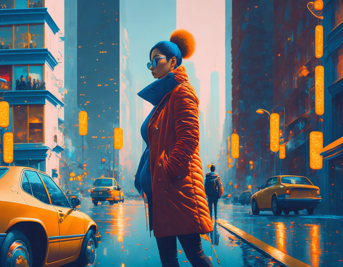 Woman in Red Jacket and Glasses on Futuristic City Street with Glowing Lights and Flying Vehicles