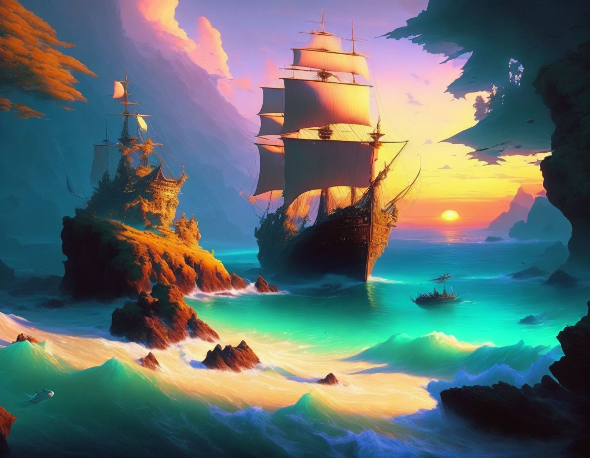 Sailing ship in turquoise waters at sunset