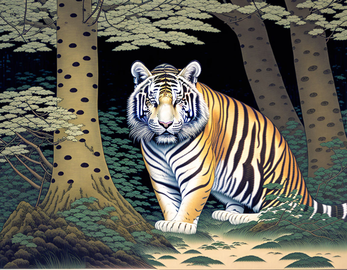 Colorful Tiger Illustration in Bamboo Forest with Cherry Blossoms