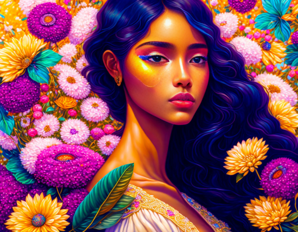 Vibrant digital artwork: Dark-haired woman with colorful makeup amidst stylized flowers