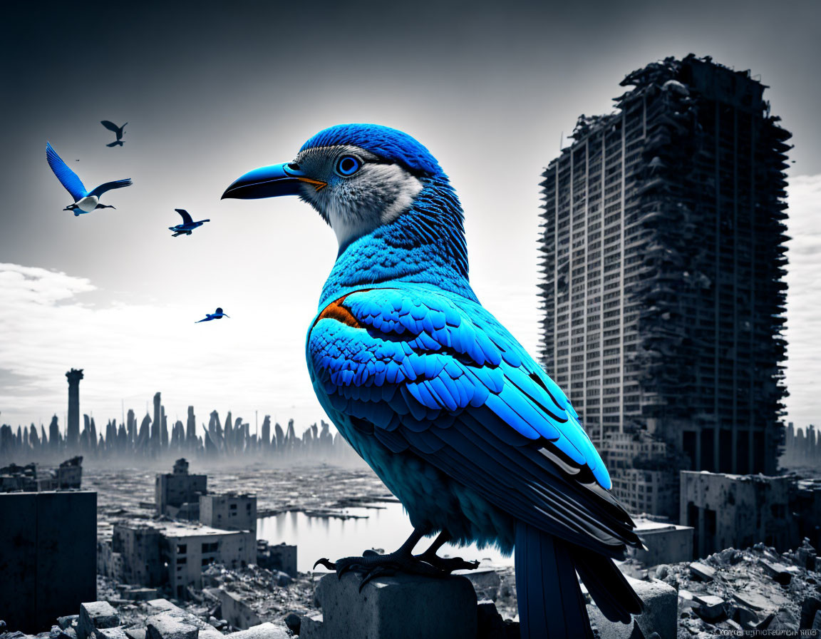 Blue bird on ruin in desolate cityscape with flying birds and skyscrapers