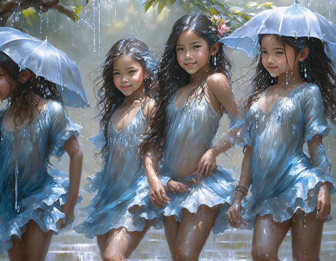 Four girls in blue dresses with umbrellas in the rain, surrounded by shimmering water droplets.