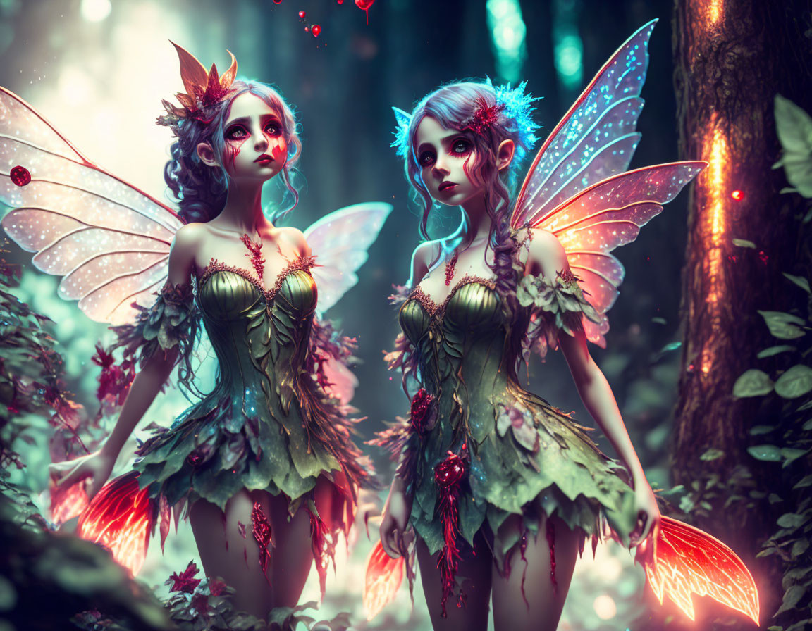 Ethereal fairies with iridescent wings in magical forest.