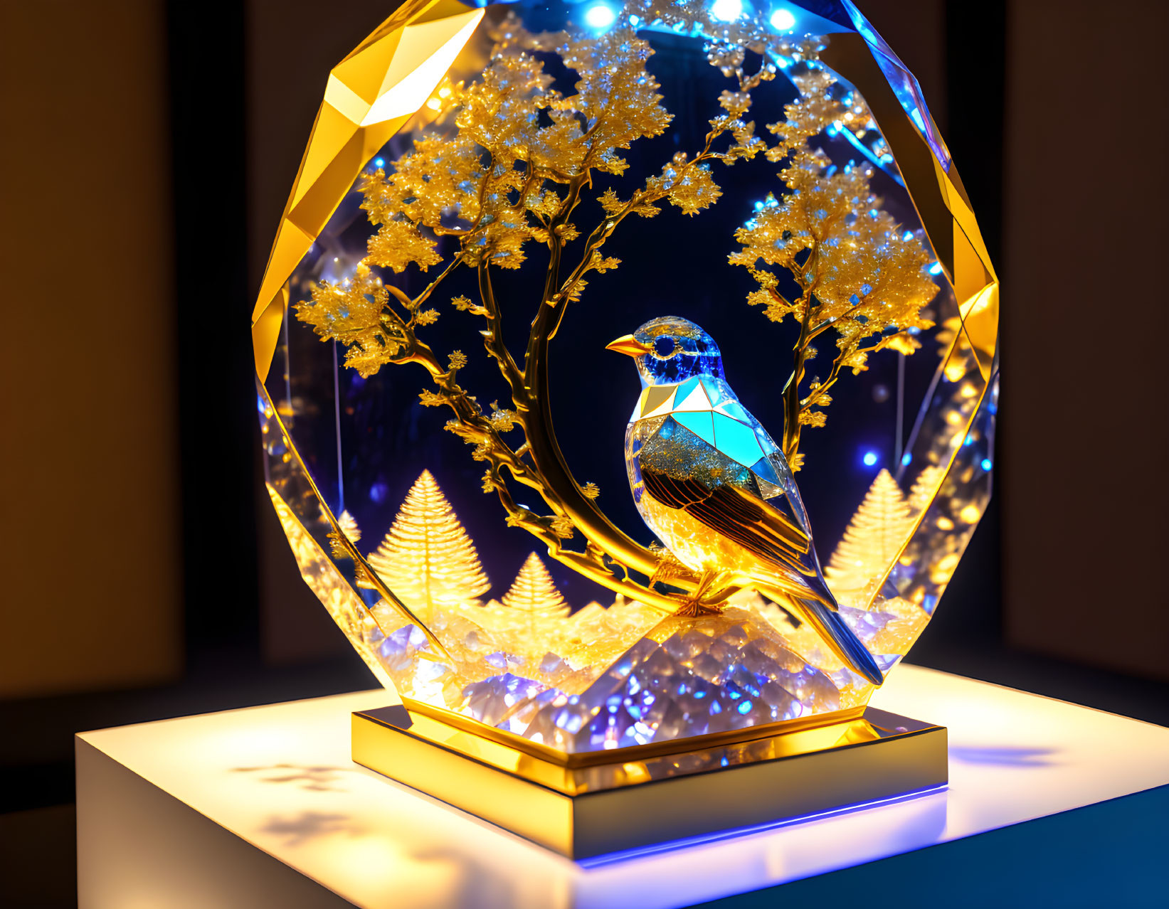 Crystal bird sculpture on golden leaf branch, illuminated on dark pedestal