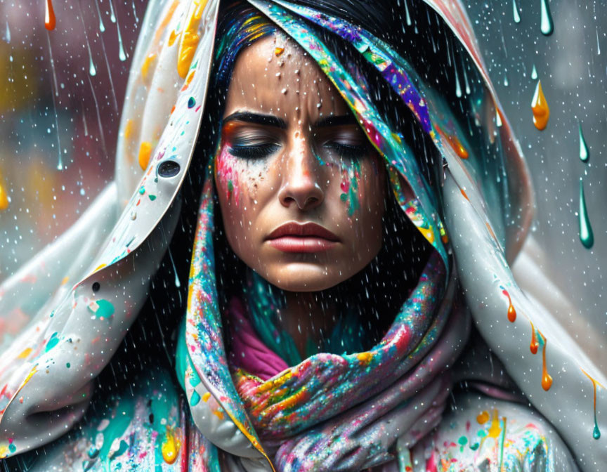 Woman in Colorful Scarf with Closed Eyes and Paint Splatters, Raindrops on Glass