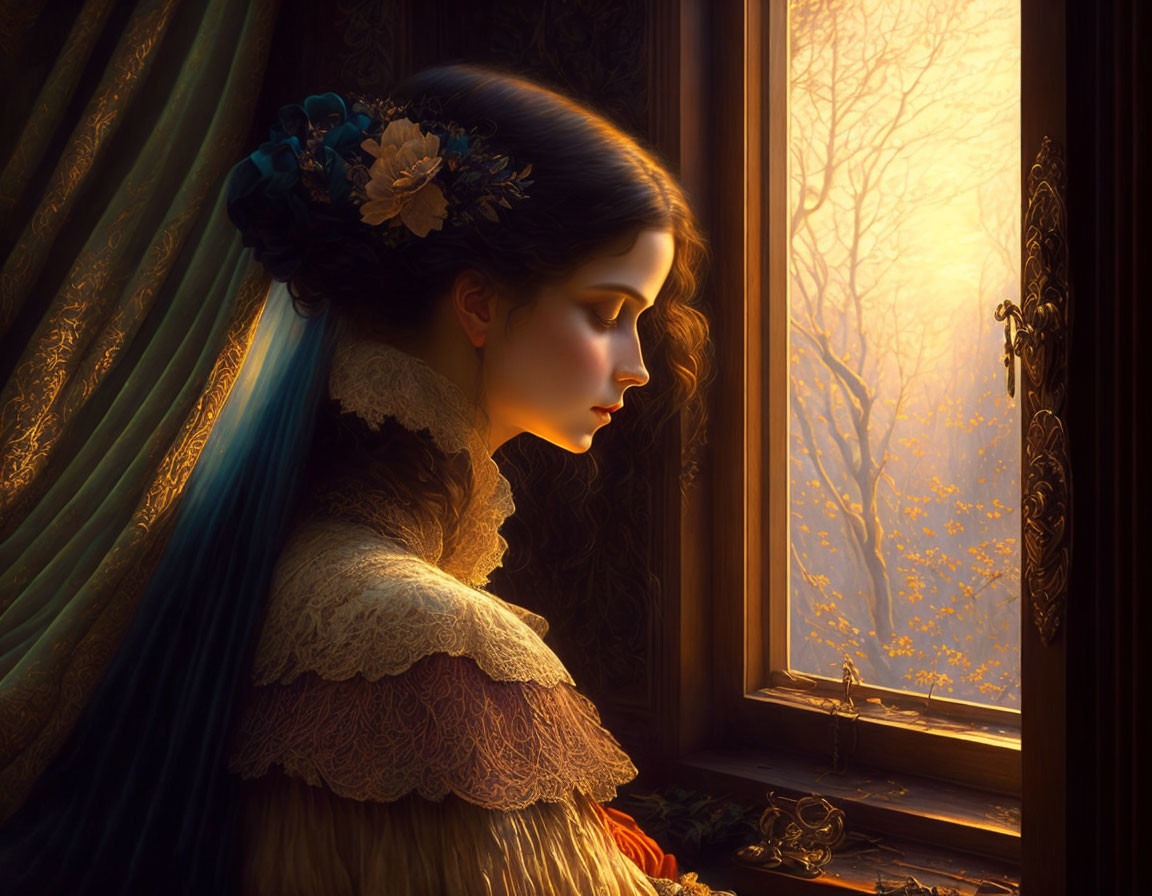 Vintage-dressed woman gazes at golden sunset through window with blue ribbons.