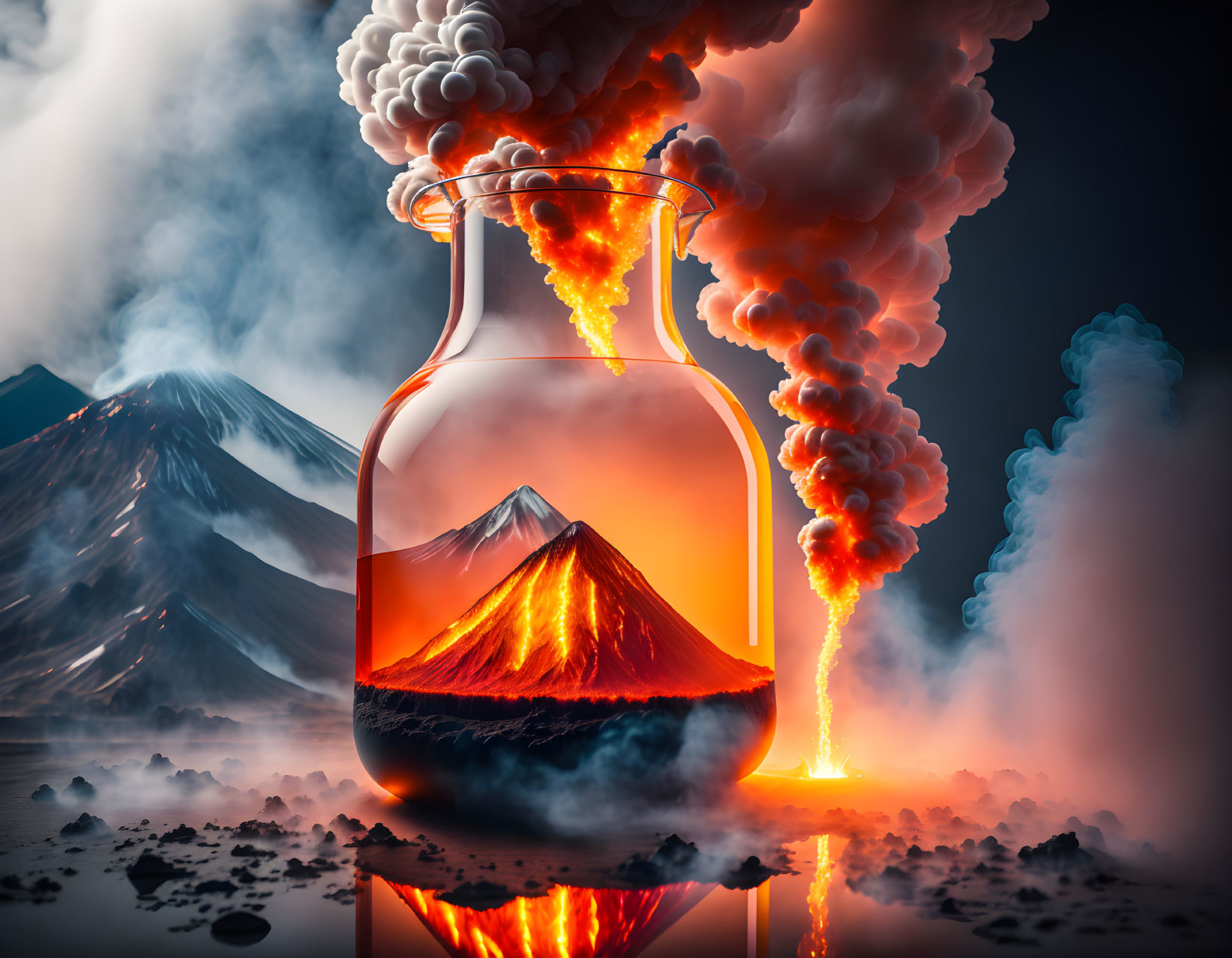 Surreal image: volcanic eruption in glass flask mirroring larger volcano