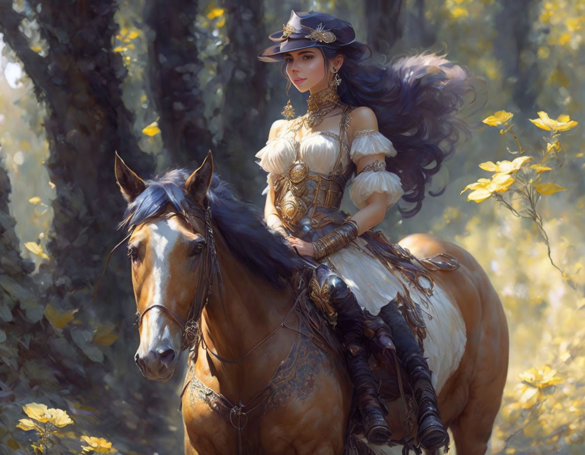 Elegant woman on brown horse in sunlit forest with golden leaves