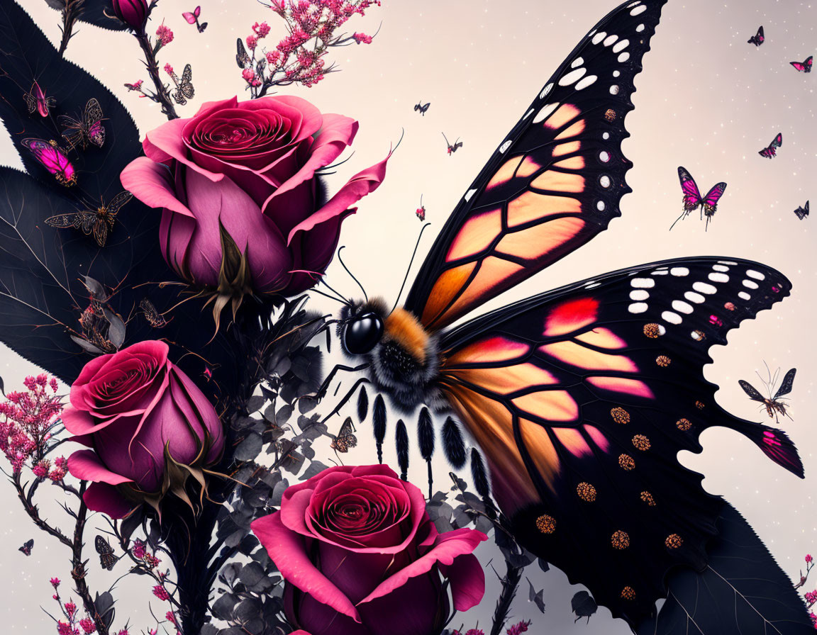 Colorful Artwork: Purple Roses & Butterflies with Monarch Butterfly in Flight