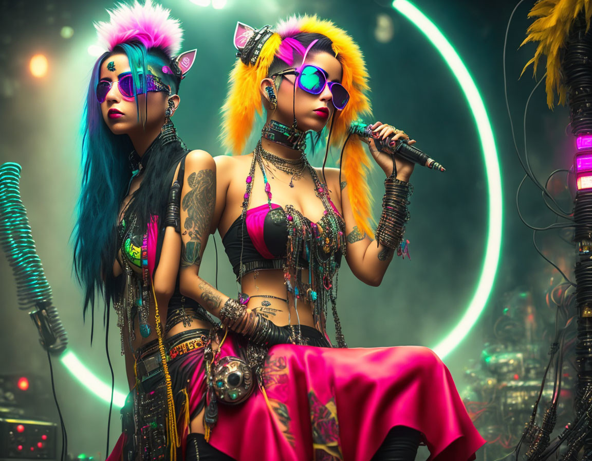 Two women in cyberpunk outfits amid neon lighting