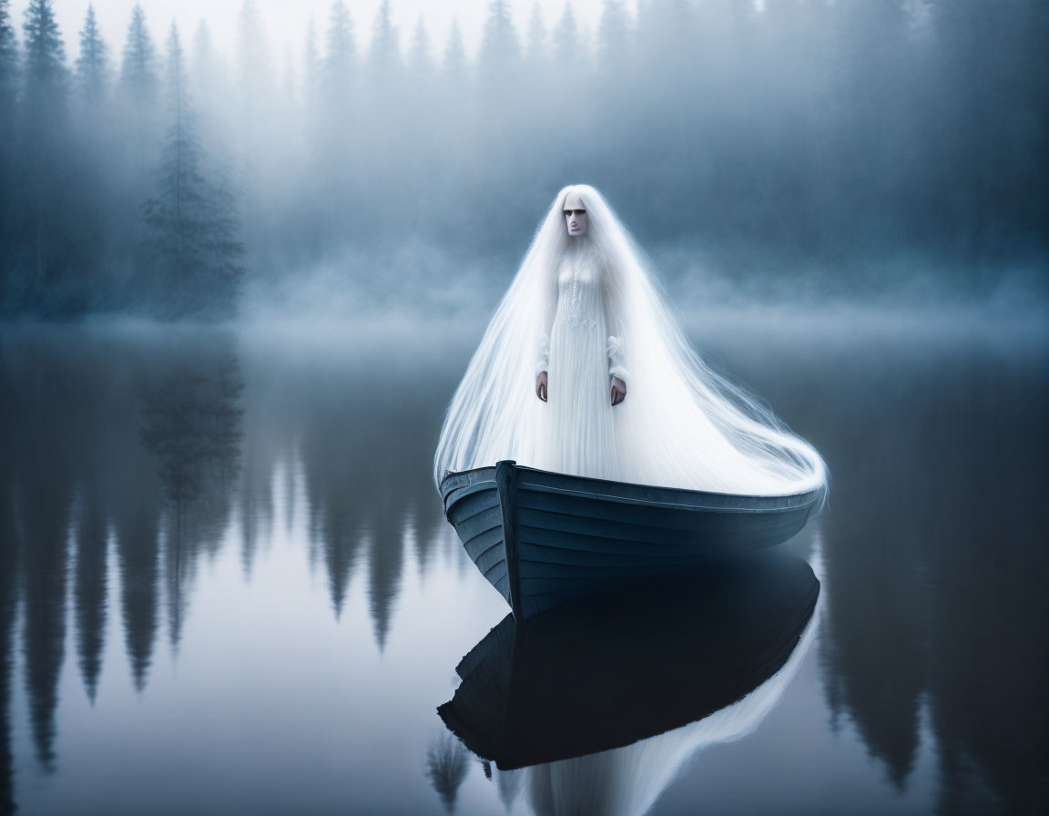 Ghostly figure with long white hair on misty lake boat