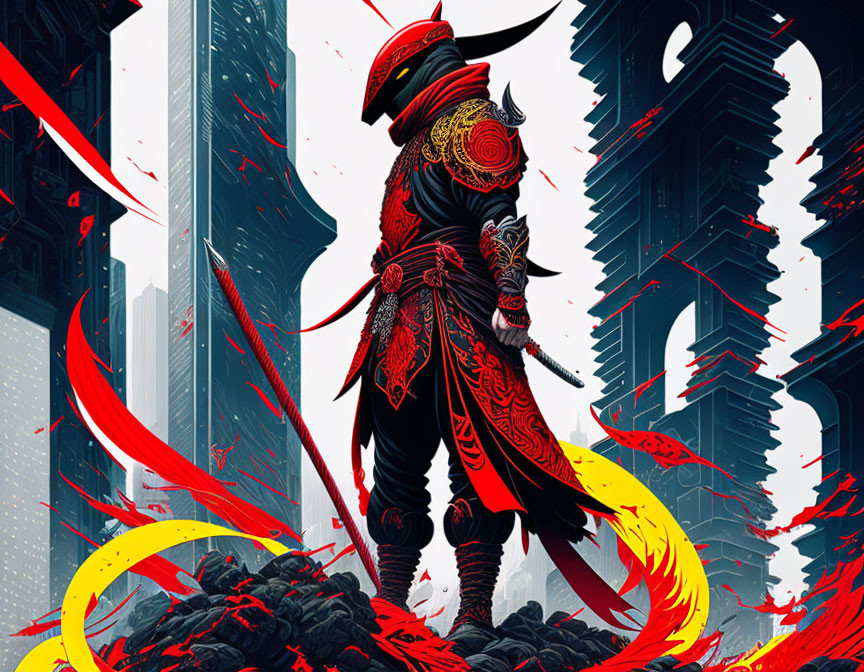 Warrior in Red and Black Armor Amidst Ruins and Cityscape