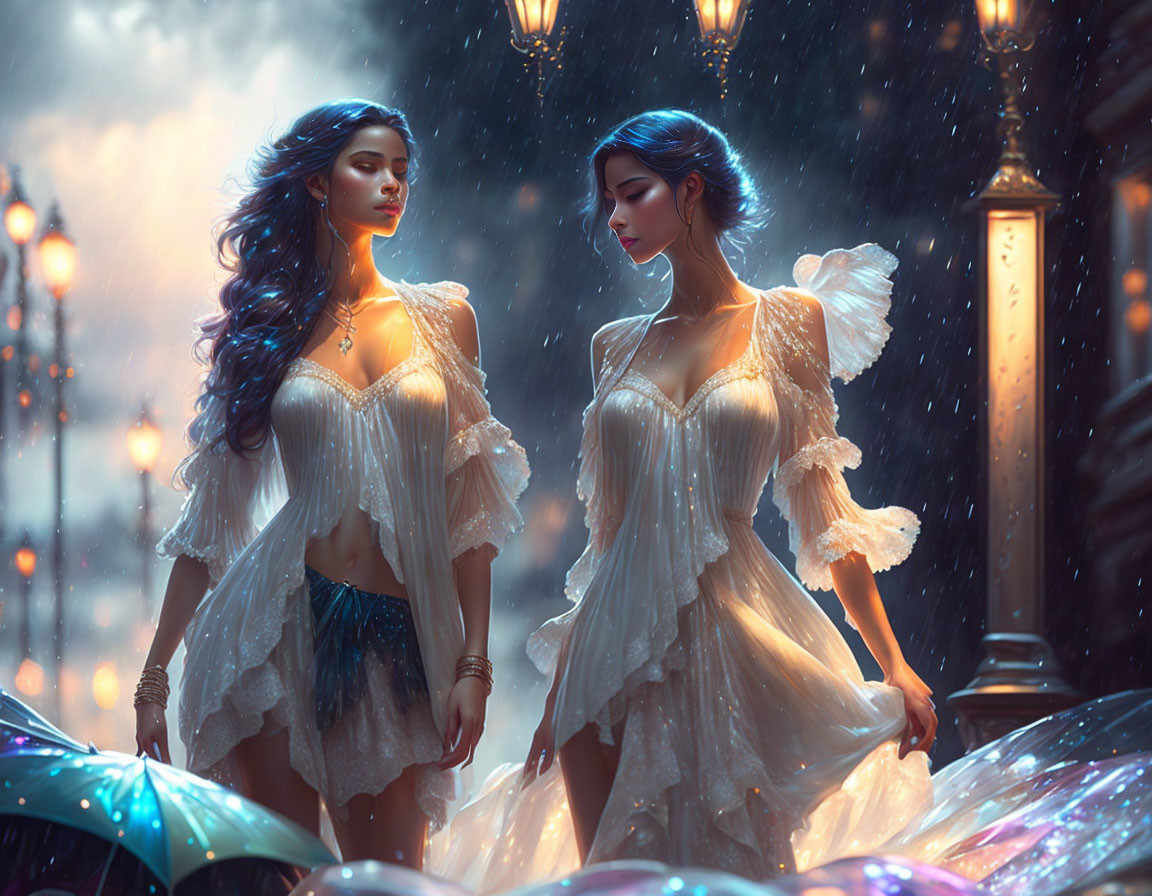 Ethereal women with blue hair in white dresses under rain with colorful umbrellas on vintage city street