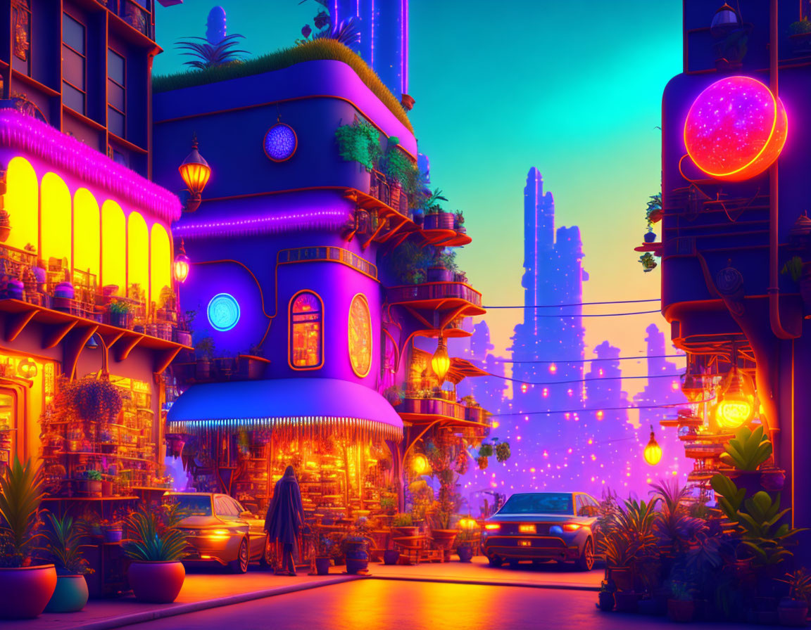 Neon-lit street scene at dusk with futuristic architecture and vintage cars