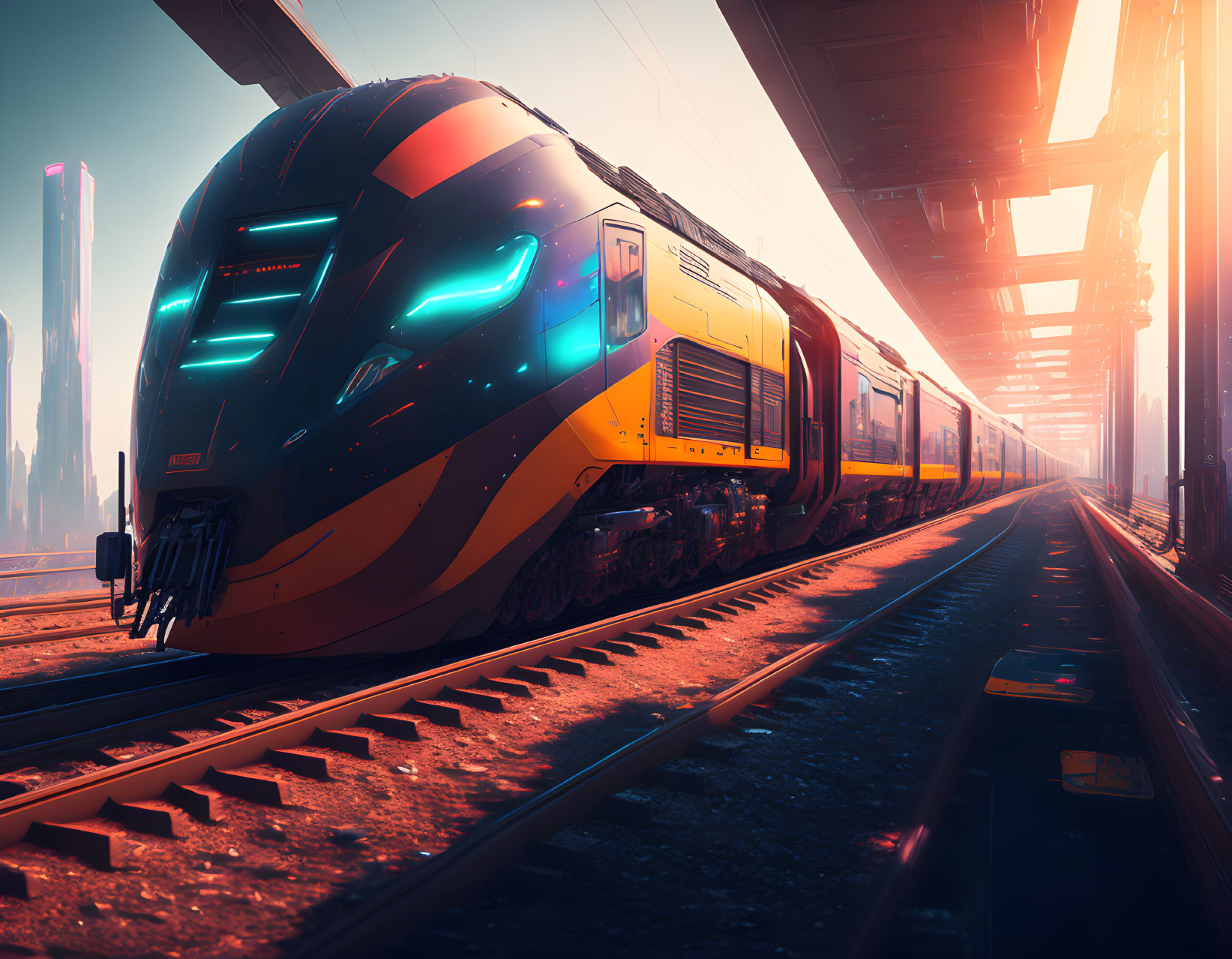 Futuristic train on tracks at dawn/dusk with city skyline in background