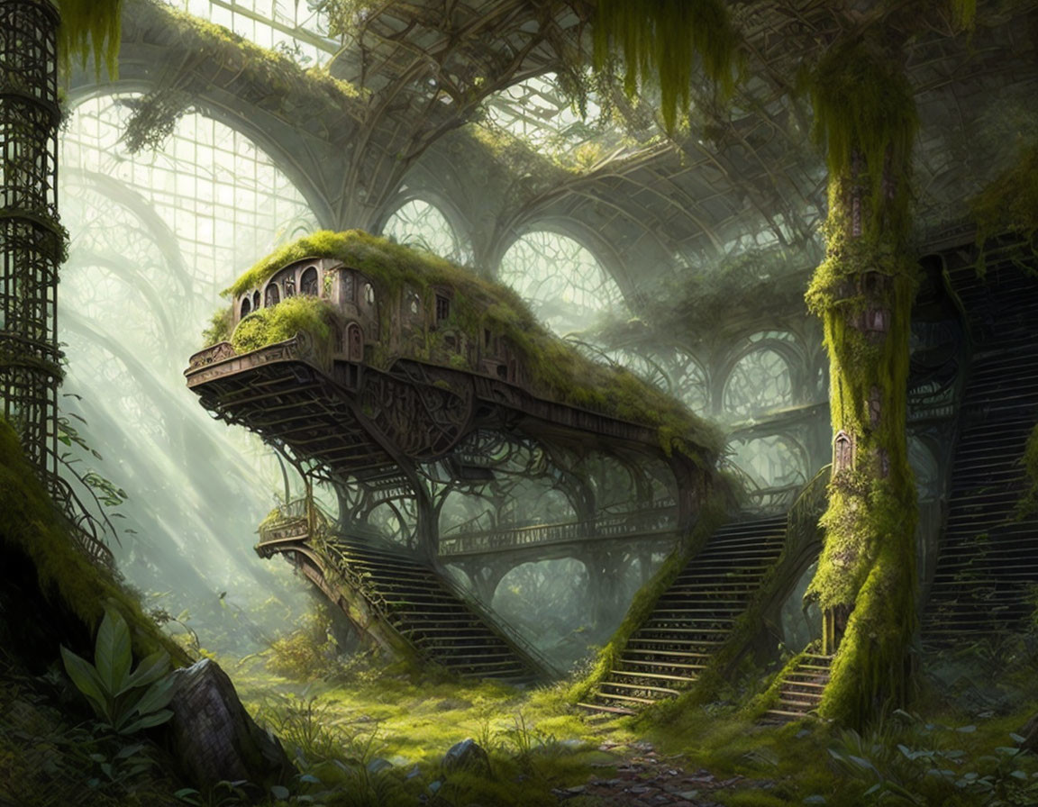 Overgrown train carriage in plant-covered station