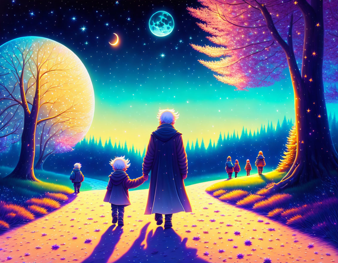 Night sky with crescent moon, figures holding hands, glowing trees, starlit path.