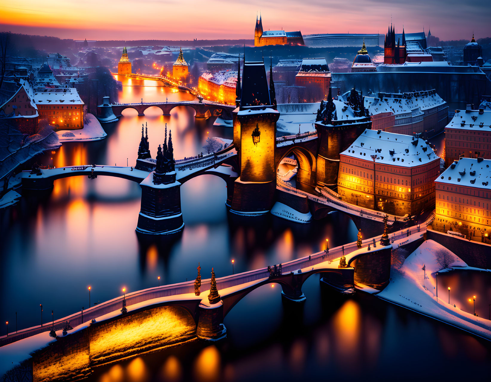 Snow-covered bridge and historic buildings in twilight cityscape