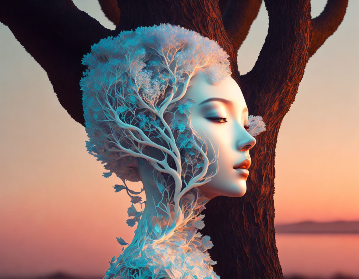 Surreal woman with tree hair profile against sunset sky