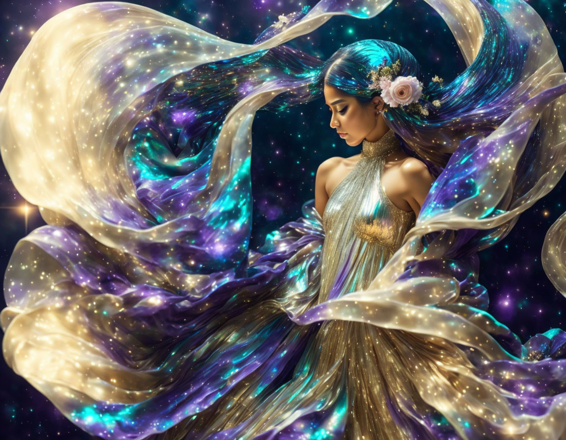 Mysterious woman in cosmic-themed attire with flower hair accessory