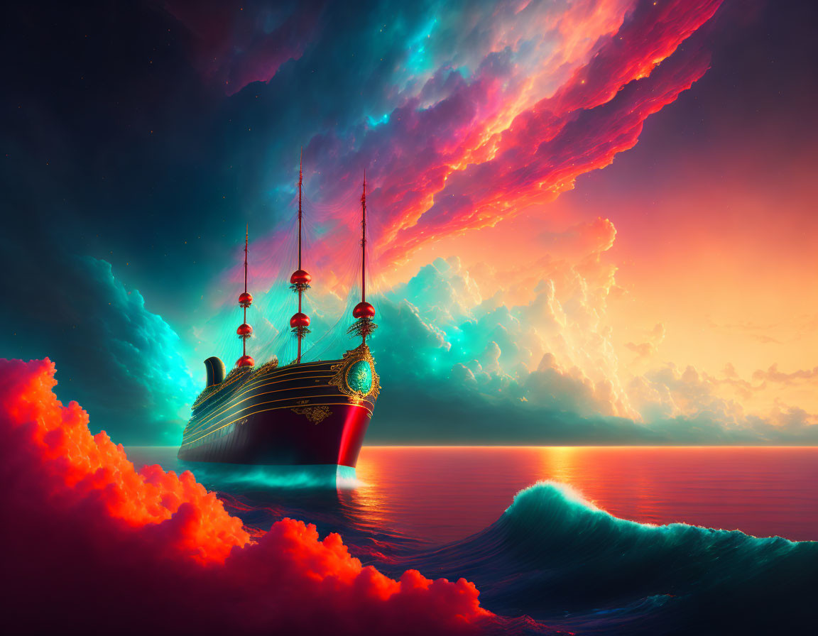 Vibrant surreal image: old sailing ship at sea under colorful sky