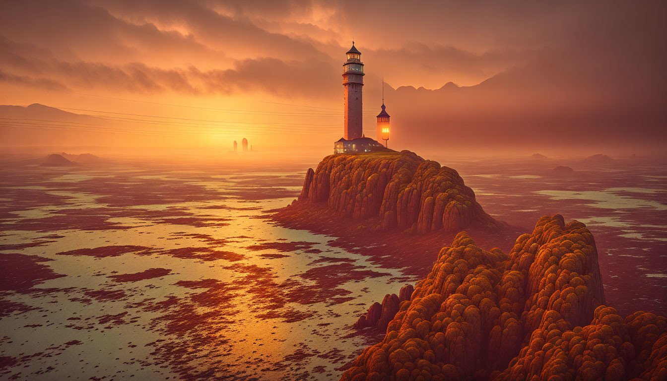 Sunset lighthouse scene with warm light on rocky landscape