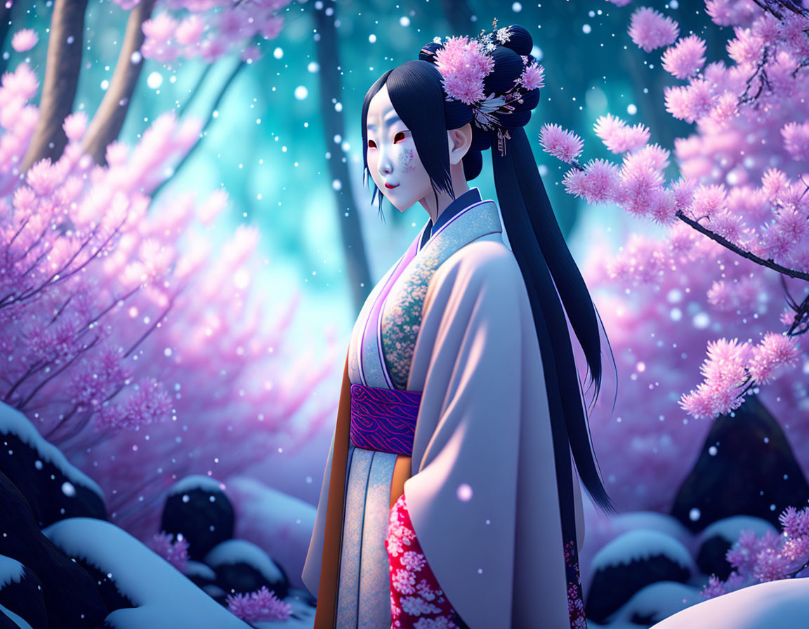 Woman in kimono with fox mask surrounded by cherry blossoms and snow at night