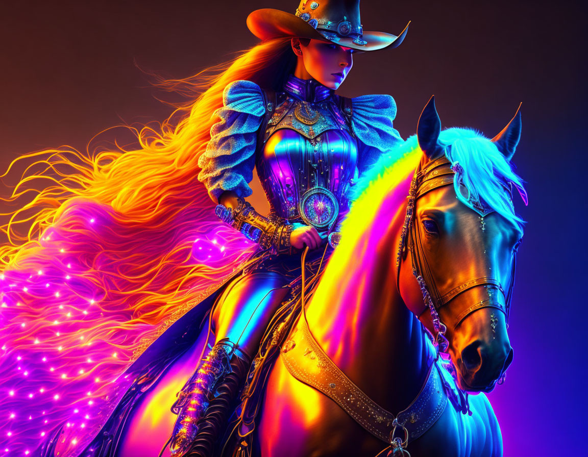 Colorful futuristic cowboy woman riding neon horse on dark background