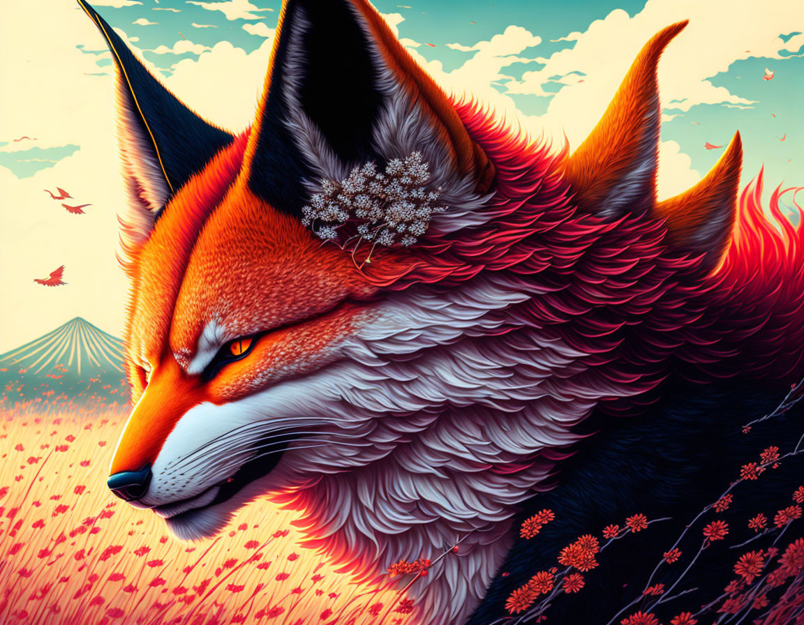 Colorful Stylized Fox Illustration with Mountain Backdrop