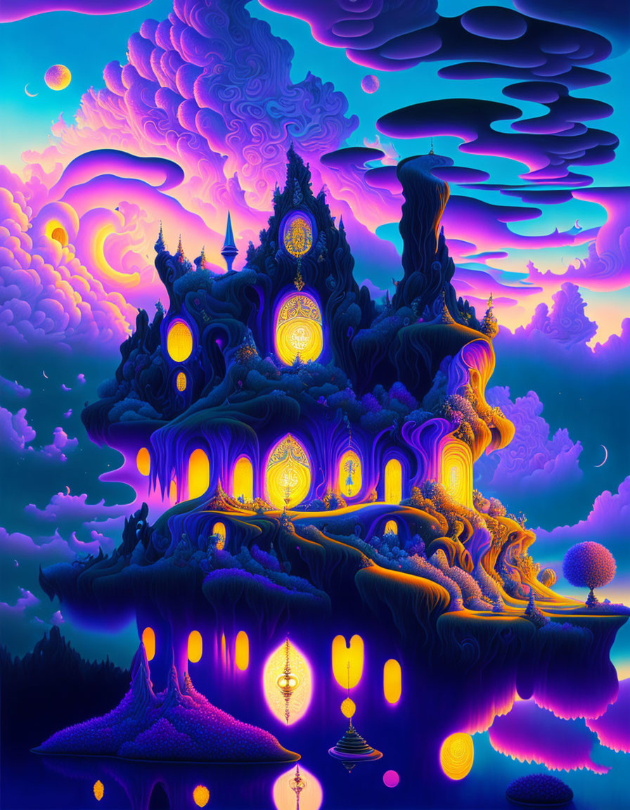 Fantasy landscape with glowing structures and floating islands under a purple sky