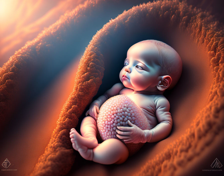 Serene baby in abstract, warm-toned womb.