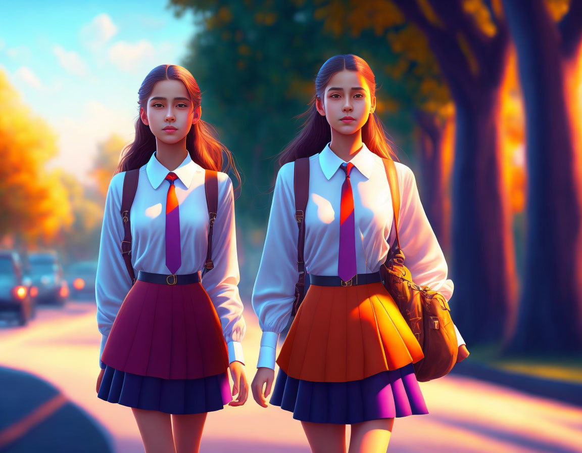 Two young women in school uniforms walking down tree-lined street at sunset