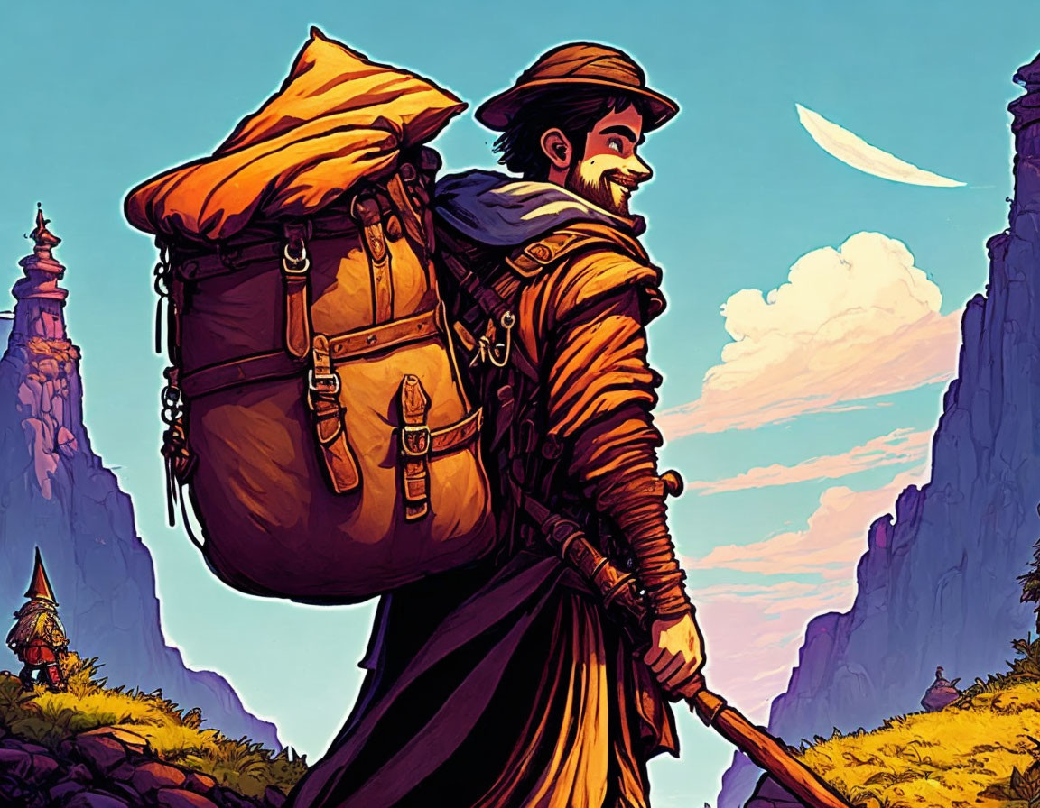 Animated traveler with large backpack admires twilight mountains, crescent moon, and whimsical tower.