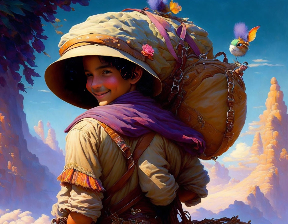 Smiling child with large hat and oversized backpack under sky and clouds