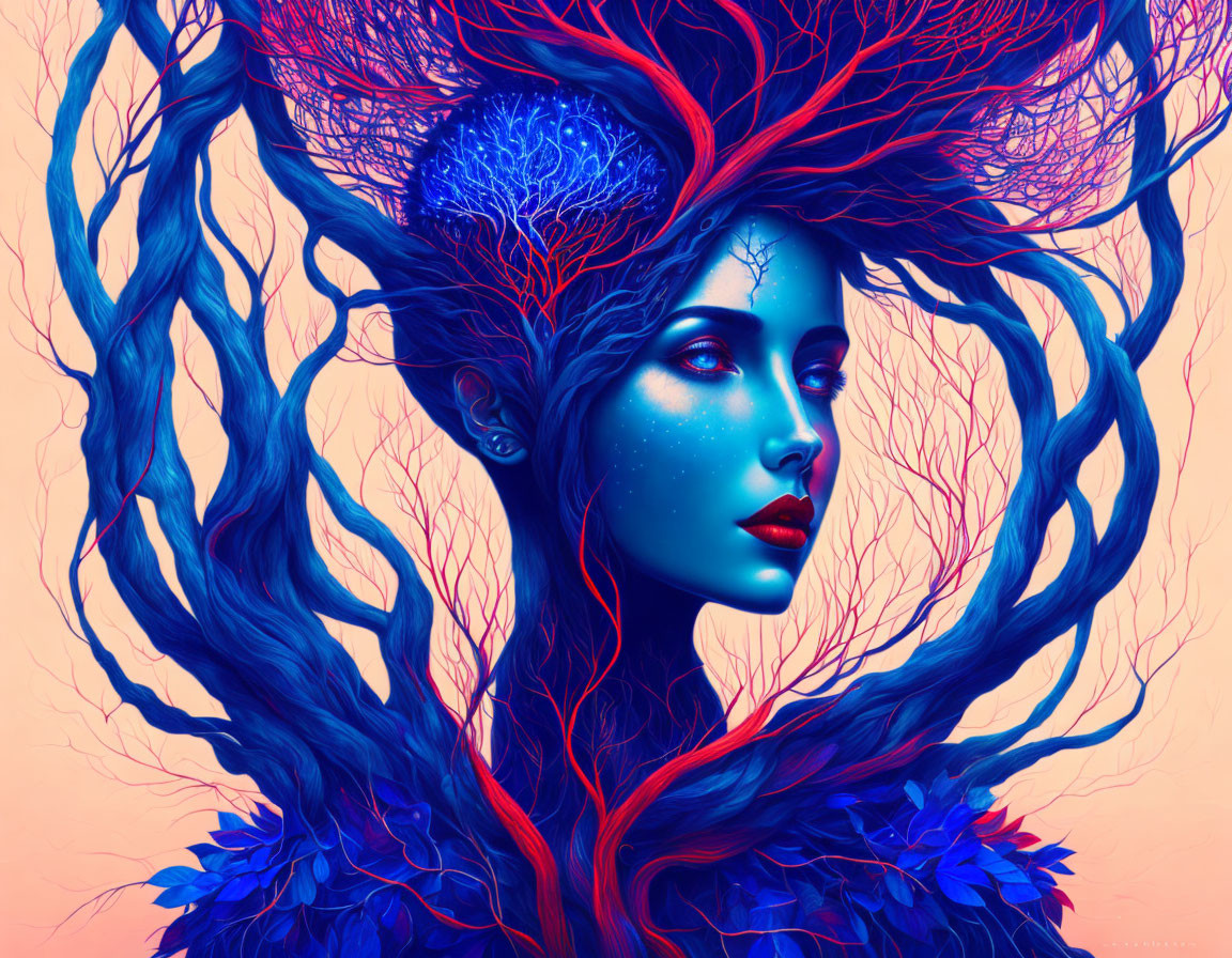 Digital Art: Female Figure with Blue Skin and Tree-Like Hair