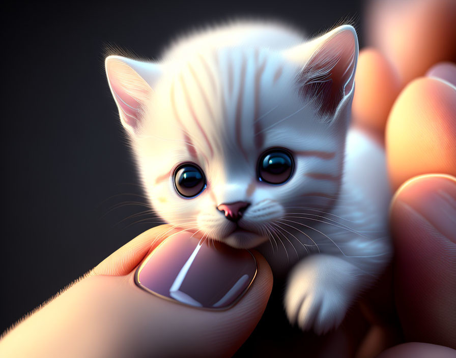 Fluffy white kitten with blue eyes playfully nibbling a finger