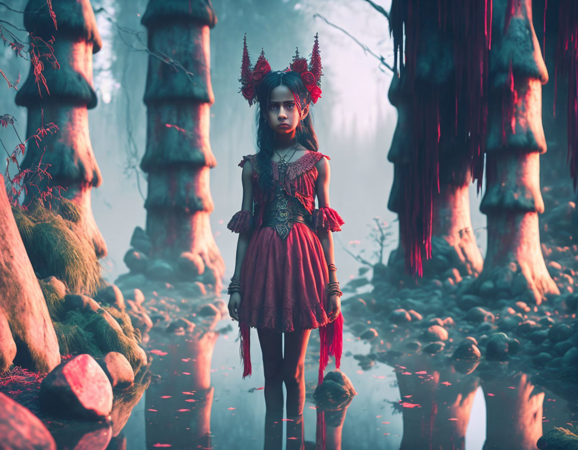 Red horned girl in fantasy costume in mystical forest