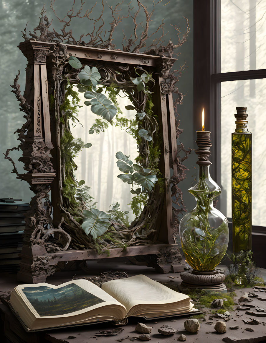 Ornate vine-entwined frame with forest portal, candle, book, and acorns