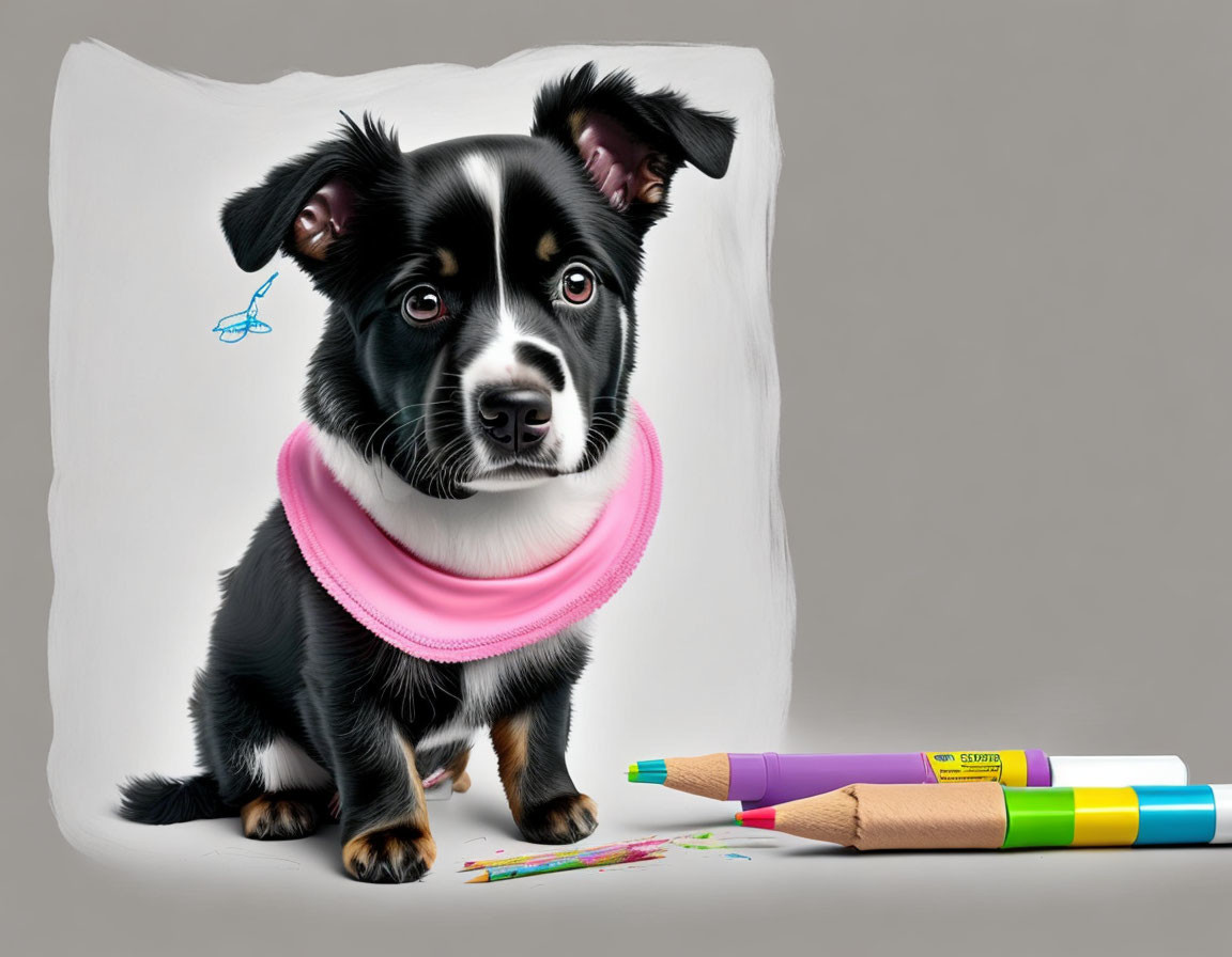 Adorable black and white puppy with pink scarf and crayons on sketched pillow