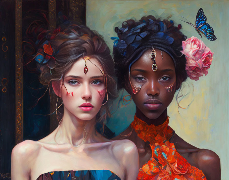 Ethereal beauty of two women with flowers and jewels and a blue butterfly.