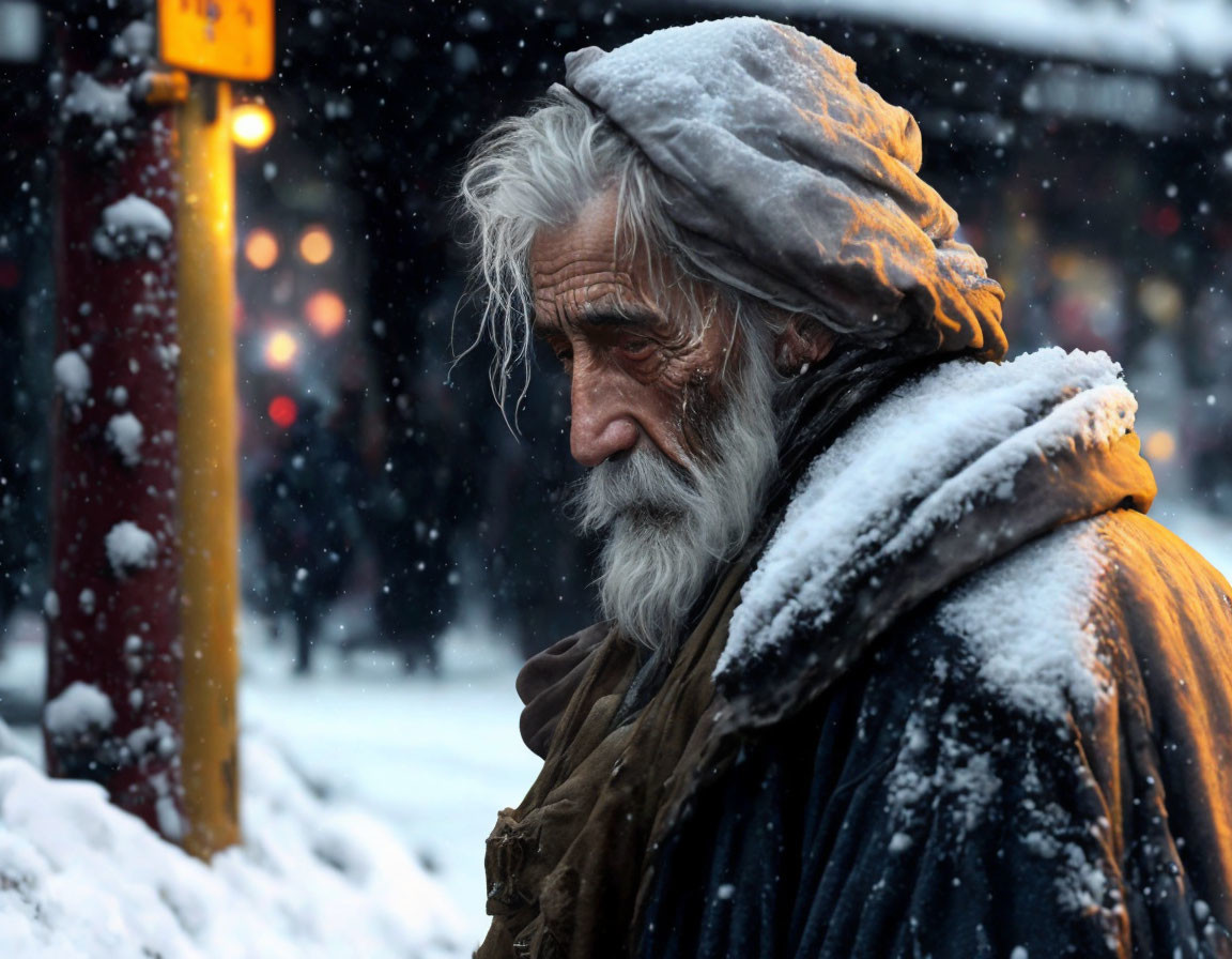 Elderly man in snow-covered street with blurred city lights