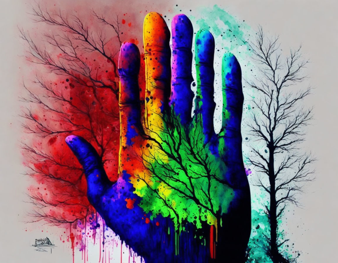 Colorful watercolor painting: Hand with rainbow spectrum dripping, trees silhouettes.