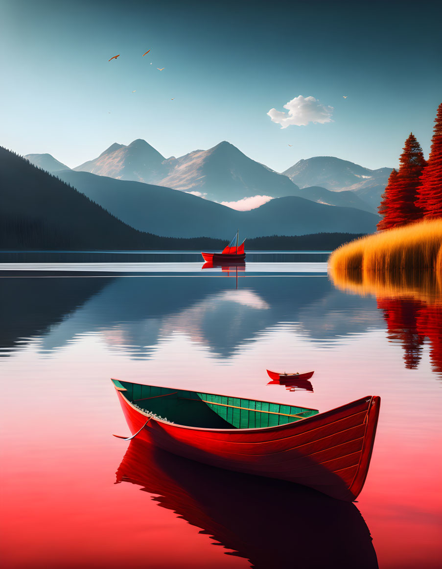 Tranquil lake scene with canoe, sailboat, autumn trees, mountains, and sunset