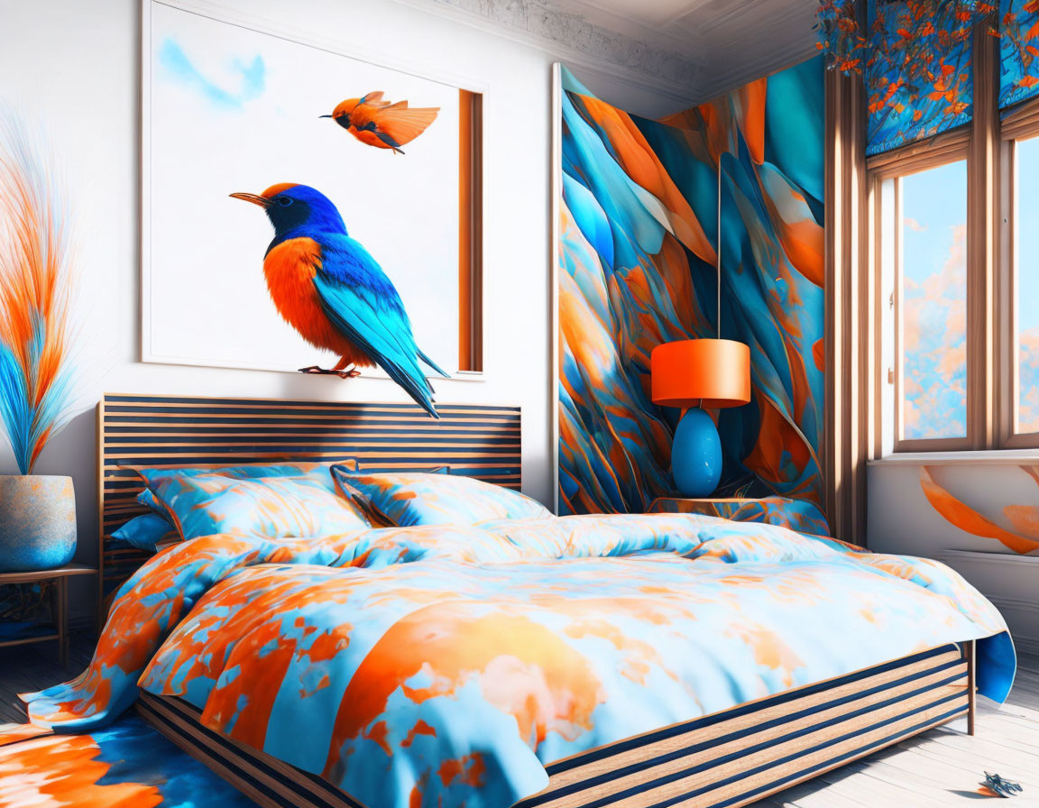 Blue and Orange Bird-Themed Bedroom Decor