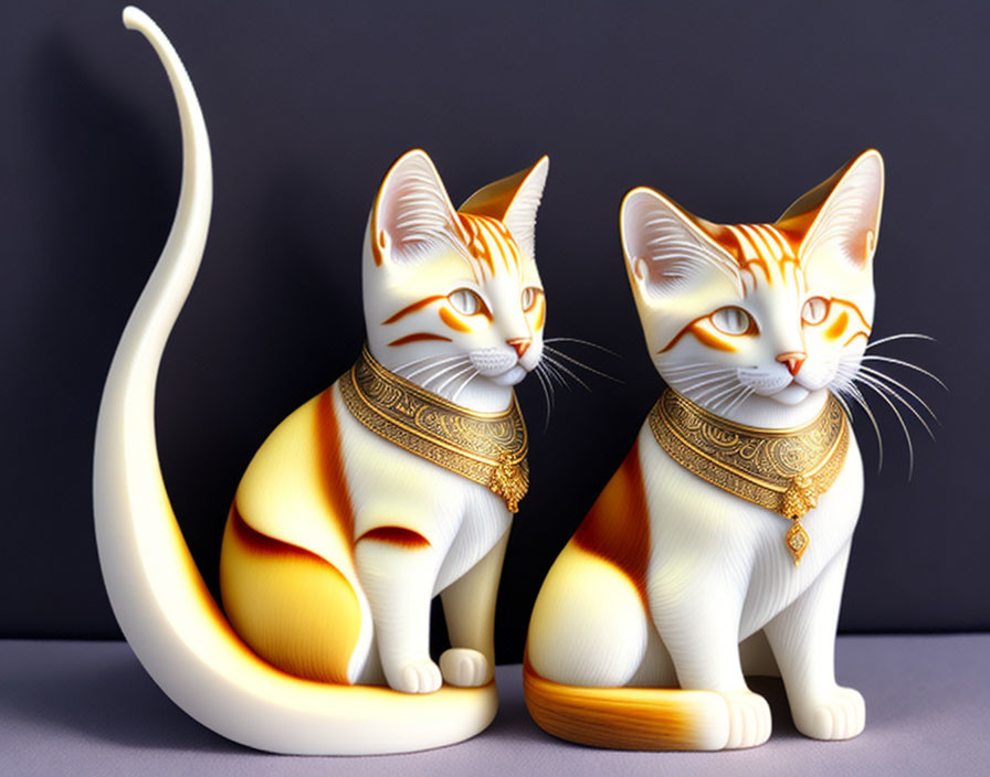 Ornate Ceramic Figurines: Orange & White Cats with Decorative Collars