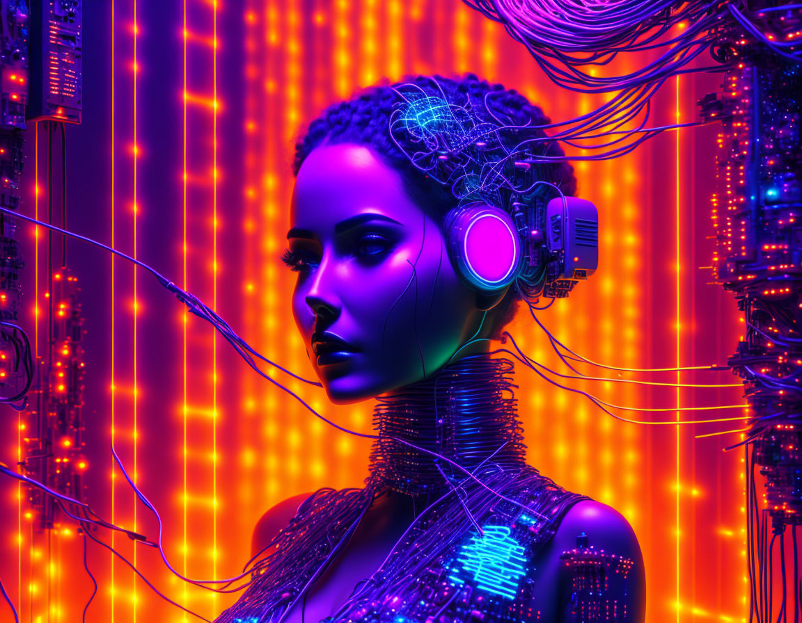 Cybernetic woman with circuitry, headphones, neon lights, server racks