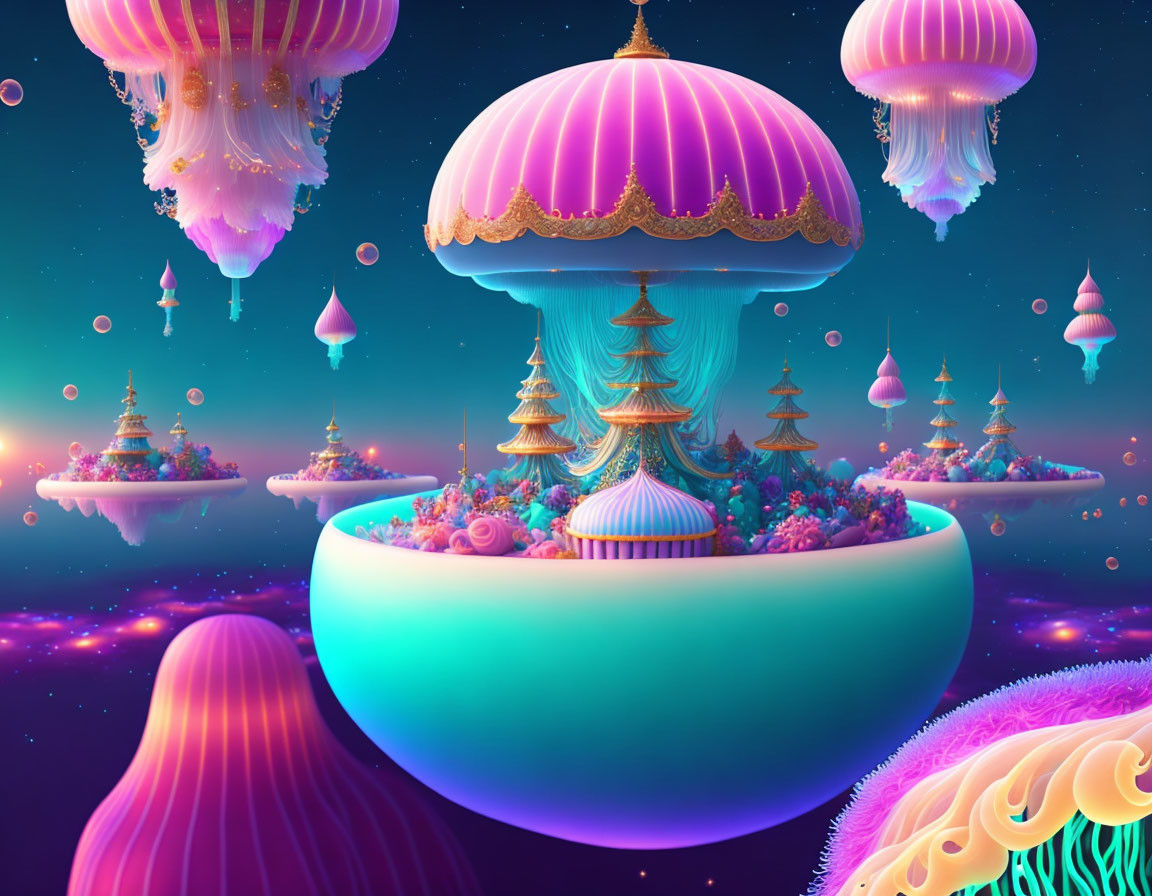 Colorful Floating Islands with Intricate Architecture in Starry Sky