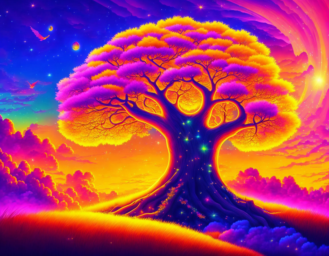 Colorful Neon Landscape with Glowing Tree & Celestial Elements