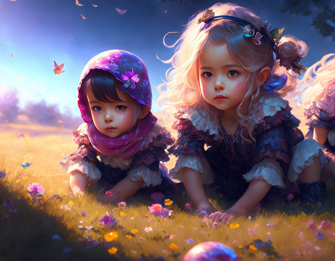 Illustrated young girls in vibrant meadow with flowers and butterflies